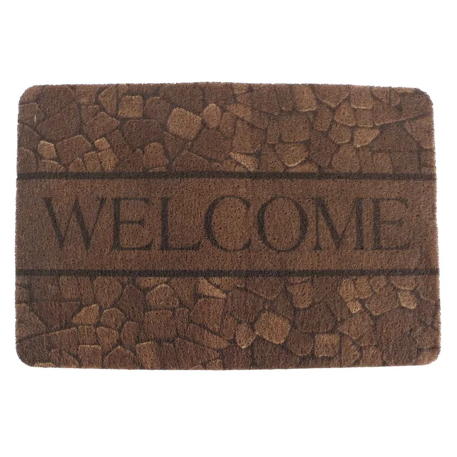 Brown doormat with WELCOME text and stone pattern.