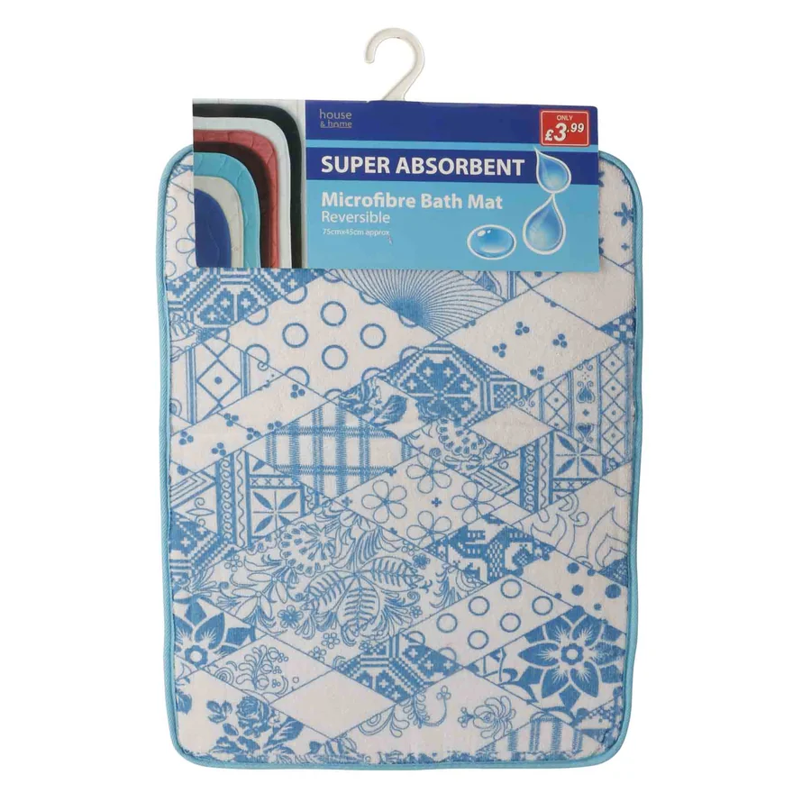 Super absorbent, reversible microfibre bath mat with blue floral design.
