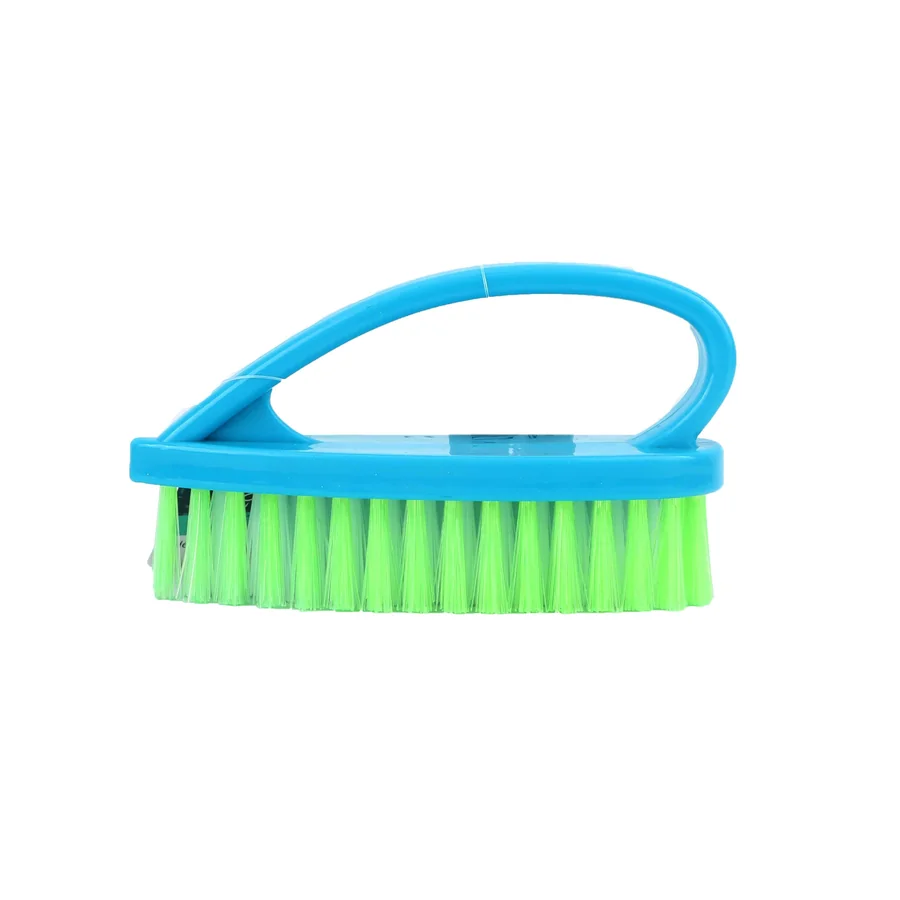 Blue-handled brush with green bristles for cleaning.
