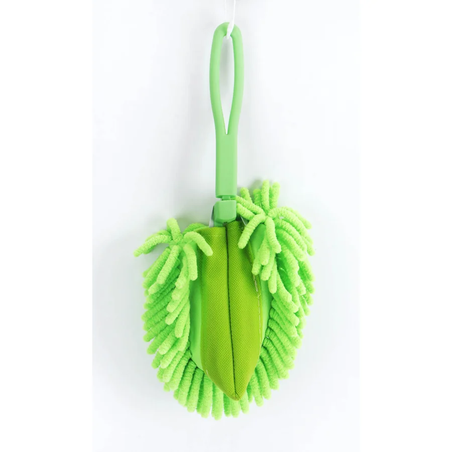 Green microfiber duster with a loop handle for easy hanging.