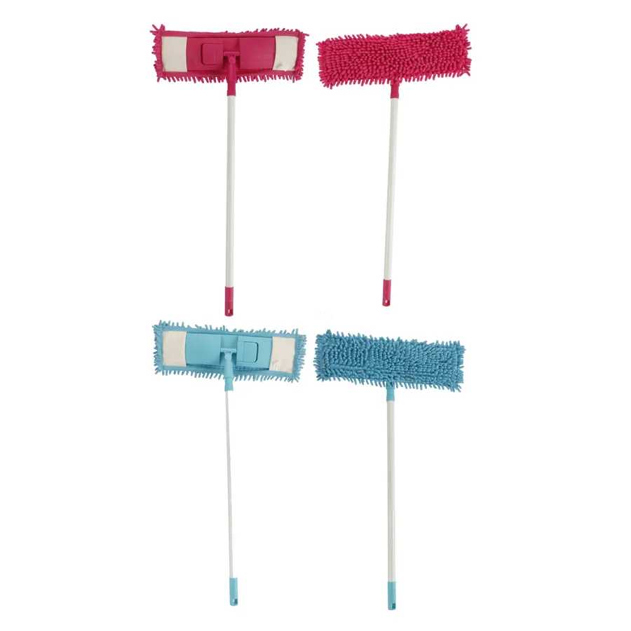 Four microfiber mop heads in pink and blue displayed on white background.