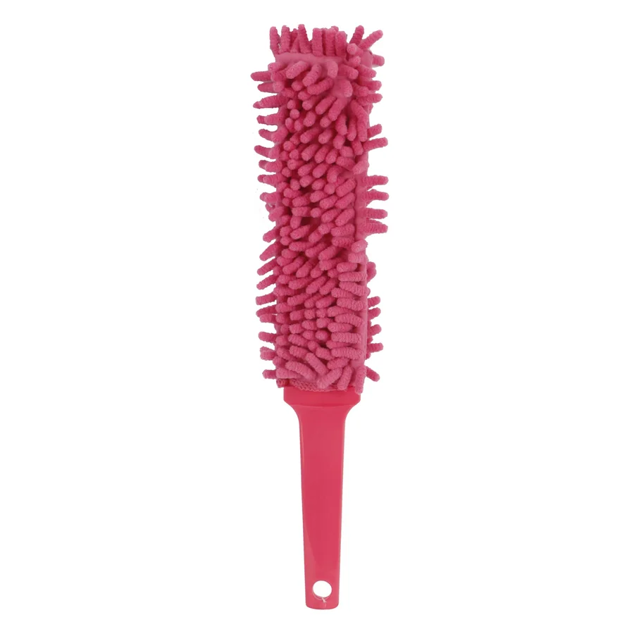 Pink microfiber duster with a long handle for cleaning.