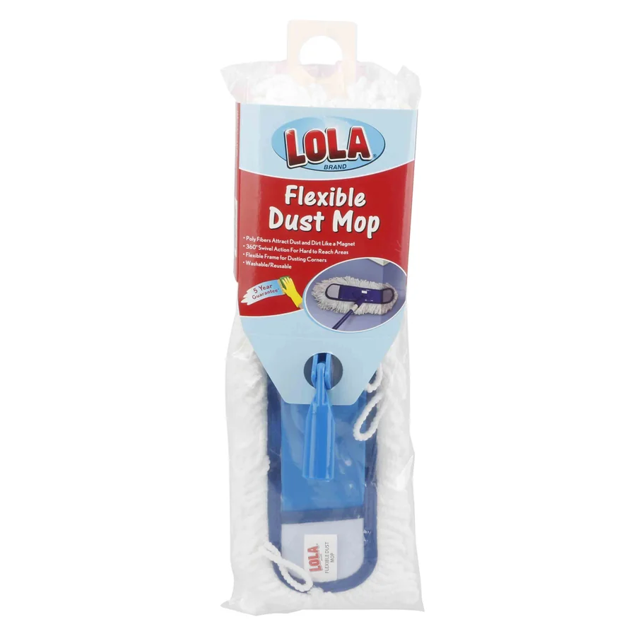 Flexible dust mop with white microfibre fibres and a blue handle.