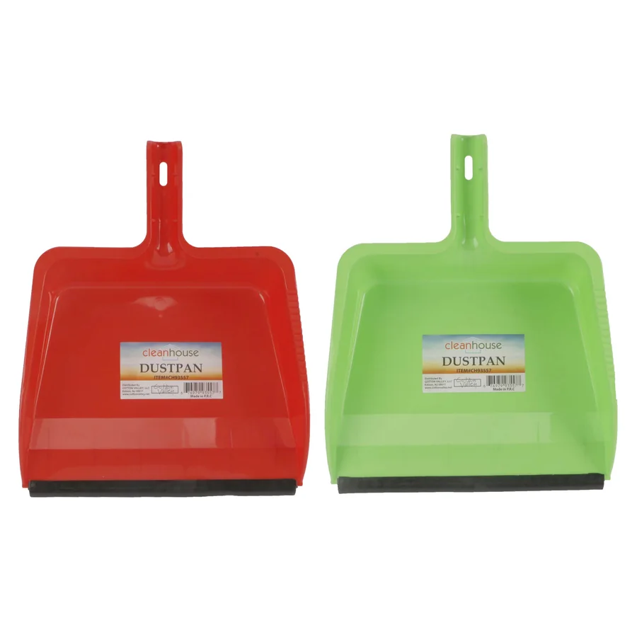 Two colourful dustpans, red and green, displayed side by side.