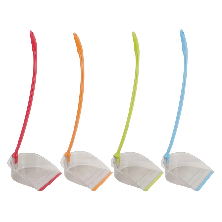 Four colourful dustpans with long handles.