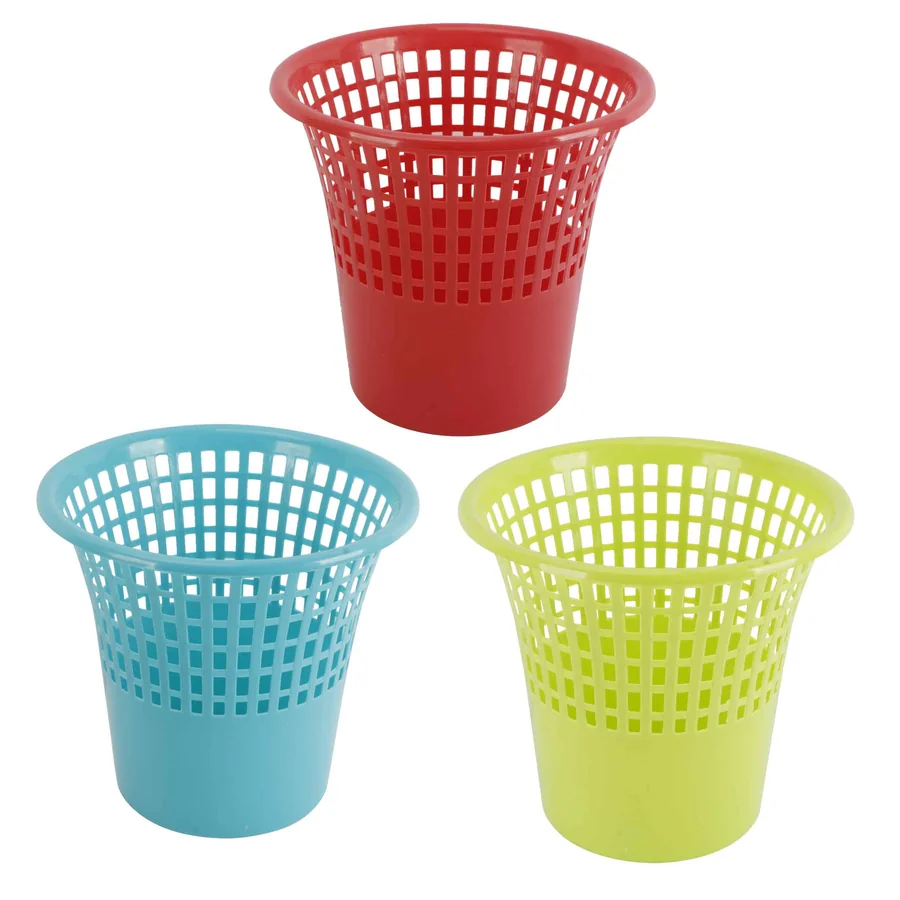 Three colourful plastic baskets in red, blue, and yellow.