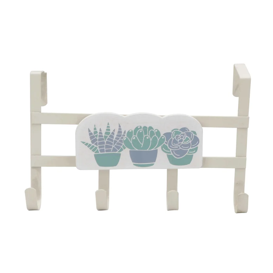 White door hook with succulent plant designs and three hooks.