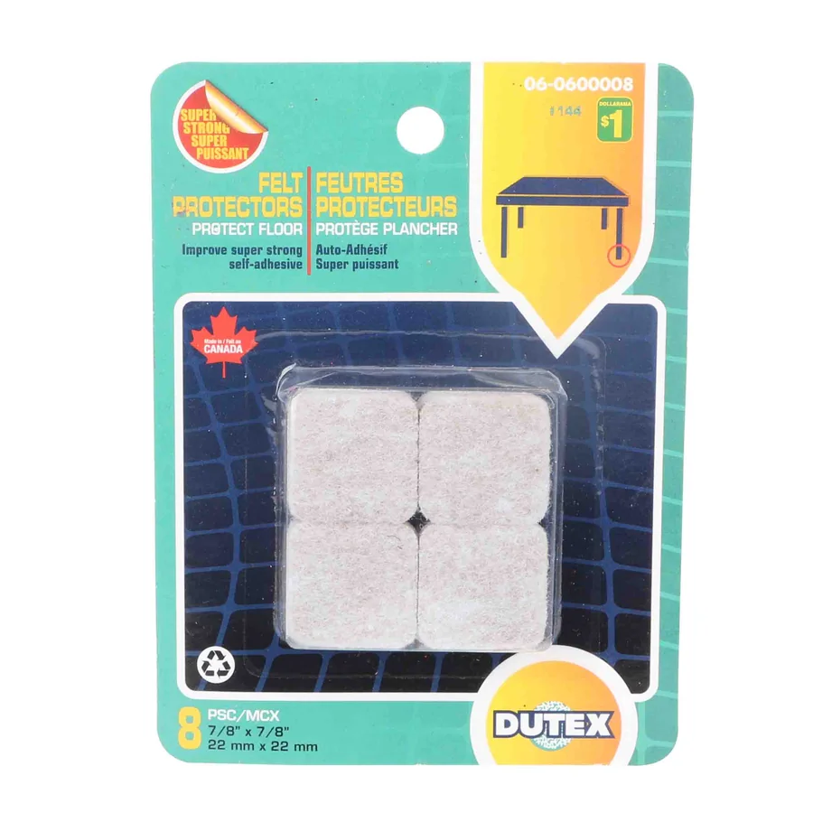 Eight self-adhesive felt protectors for floor protection.