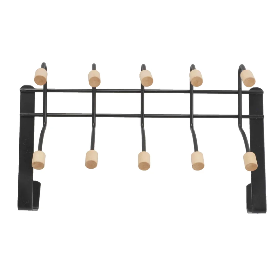 Black metal coat rack with wooden hooks.