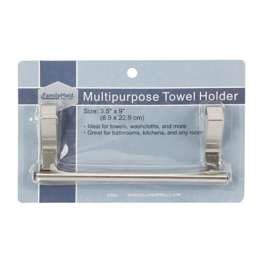 Silver multipurpose towel holder in its packaging.