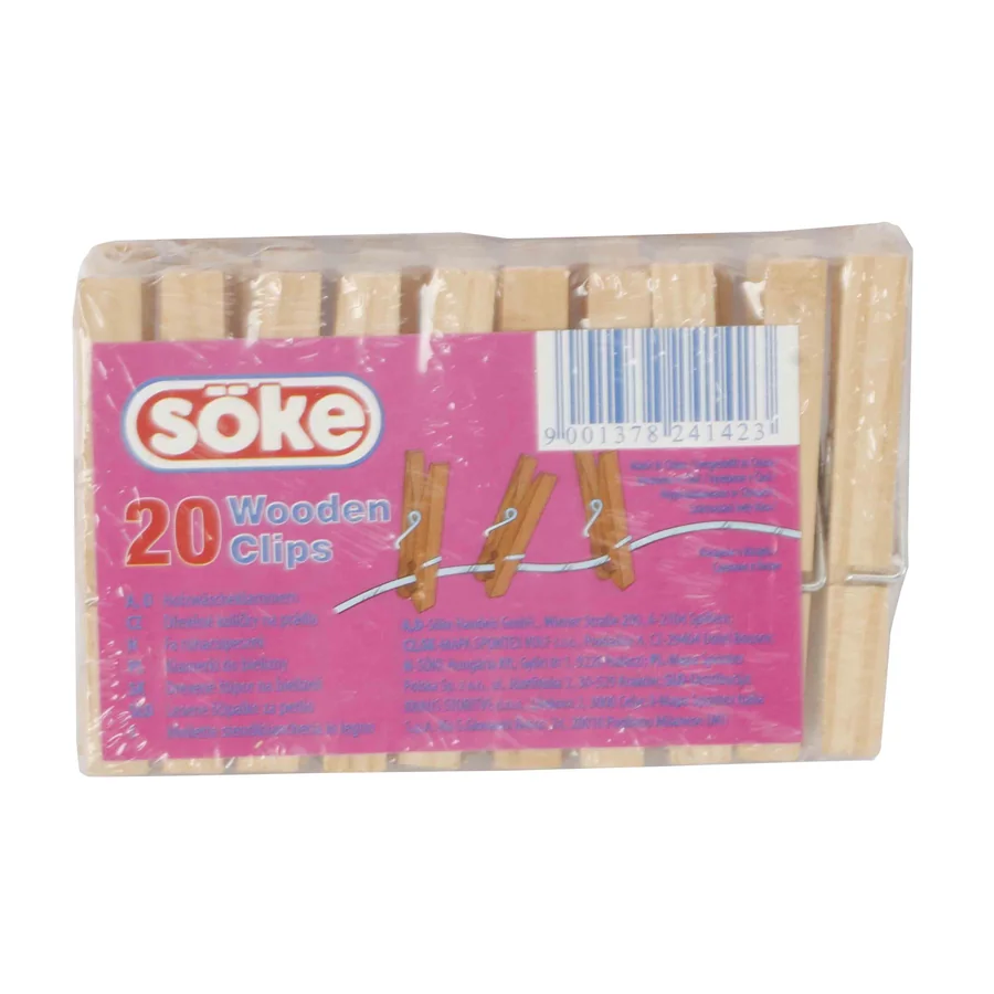 Pack of twenty wooden clothespins in retail packaging.