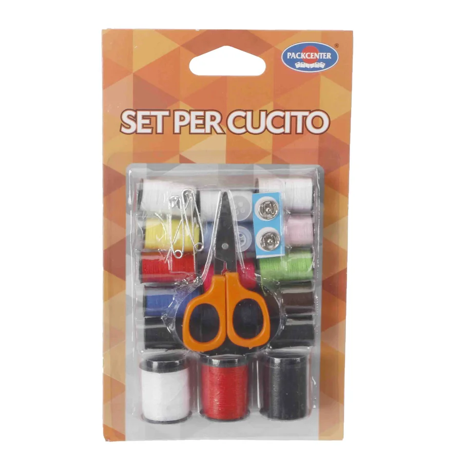 Compact sewing kit with colourful threads, scissors and buttons.