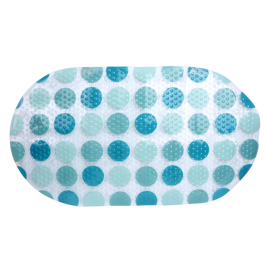 Oval, translucent bath mat with blue polka dots.