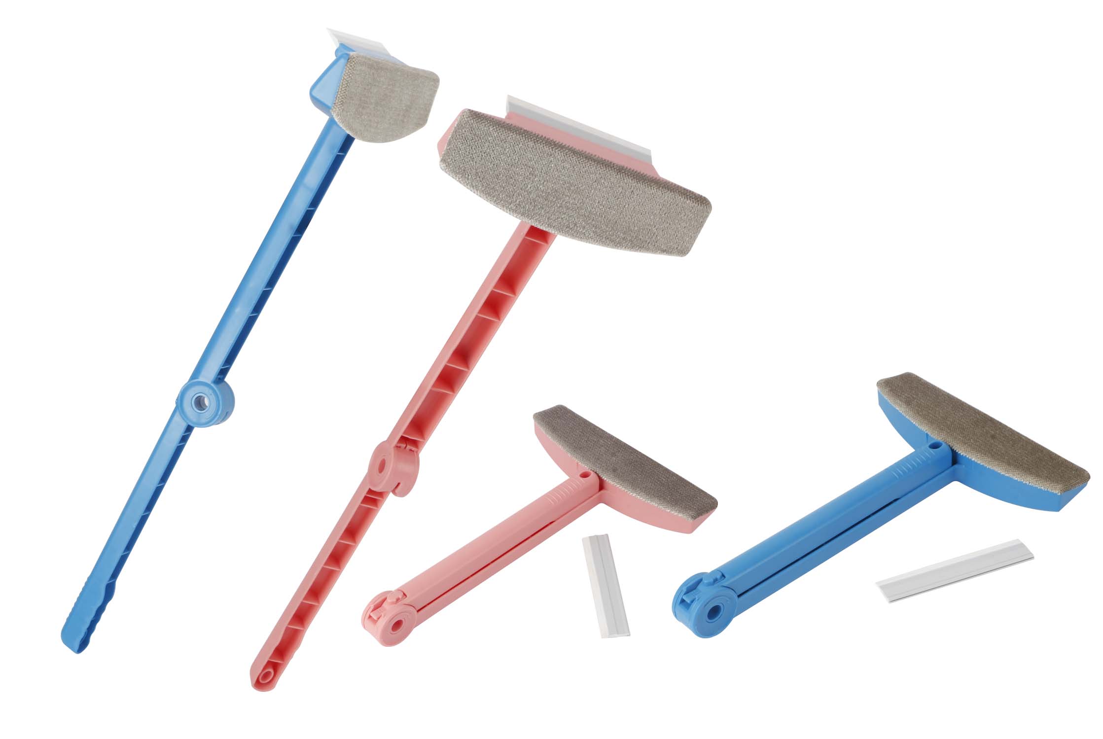 Four colourful window squeegees with extendable handles.