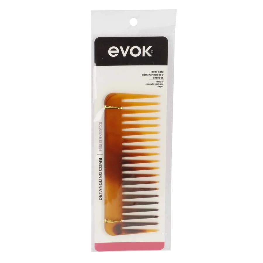 Evok detangling comb in tortoiseshell design, packaged.