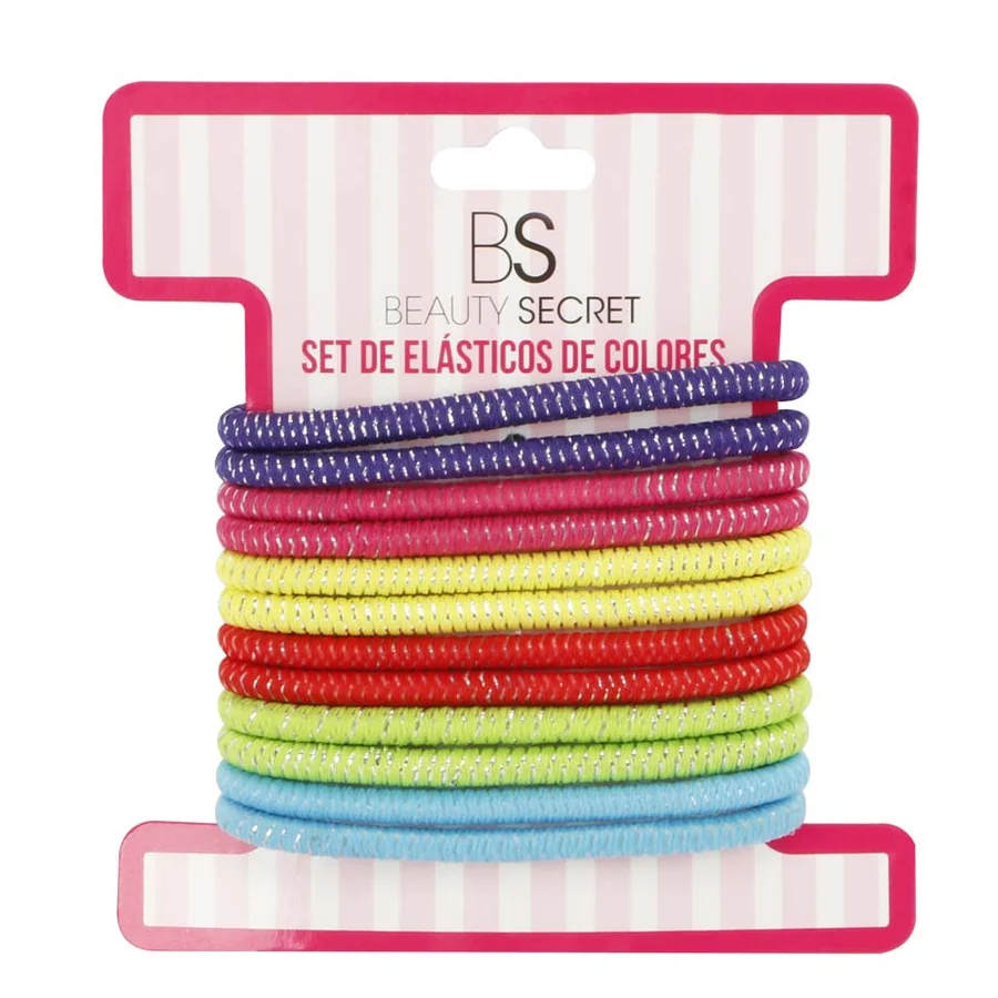 Colorful elastic hair ties in a set on a pink card.