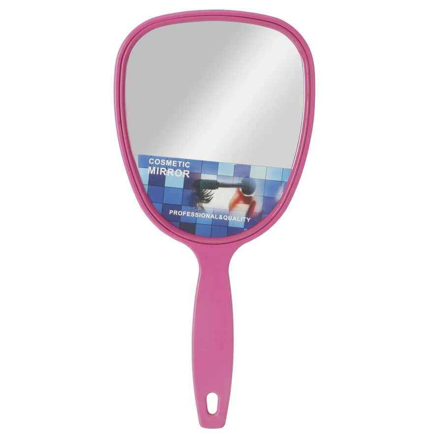 Pink-handled cosmetic mirror with professional quality label.
