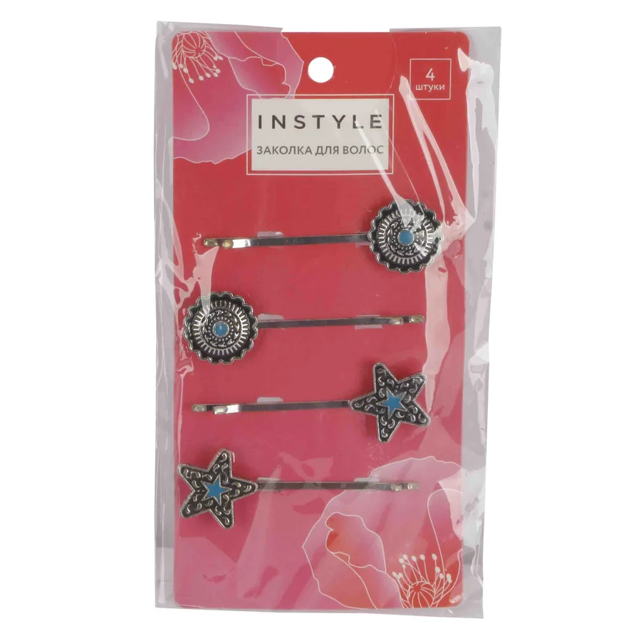 Pack of four decorative hairpins with floral and star designs.