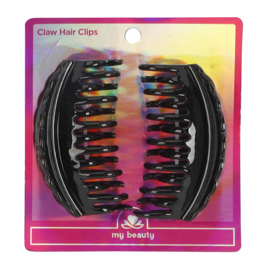 Two black claw hair clips in a colorful package.