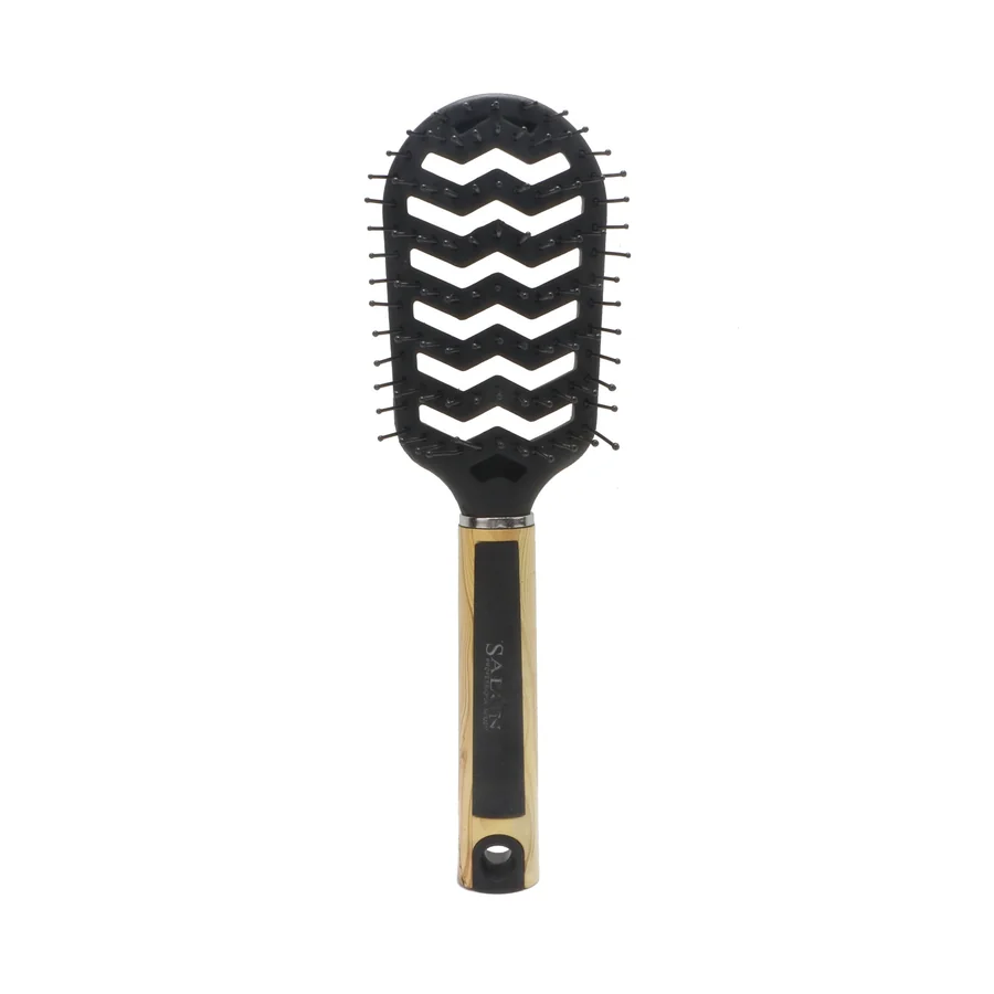 Black zigzag-patterned hairbrush with a wooden handle.
