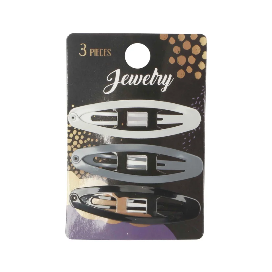 Three-piece set of sleek, oval-shaped hair clips in white, gray, and black.