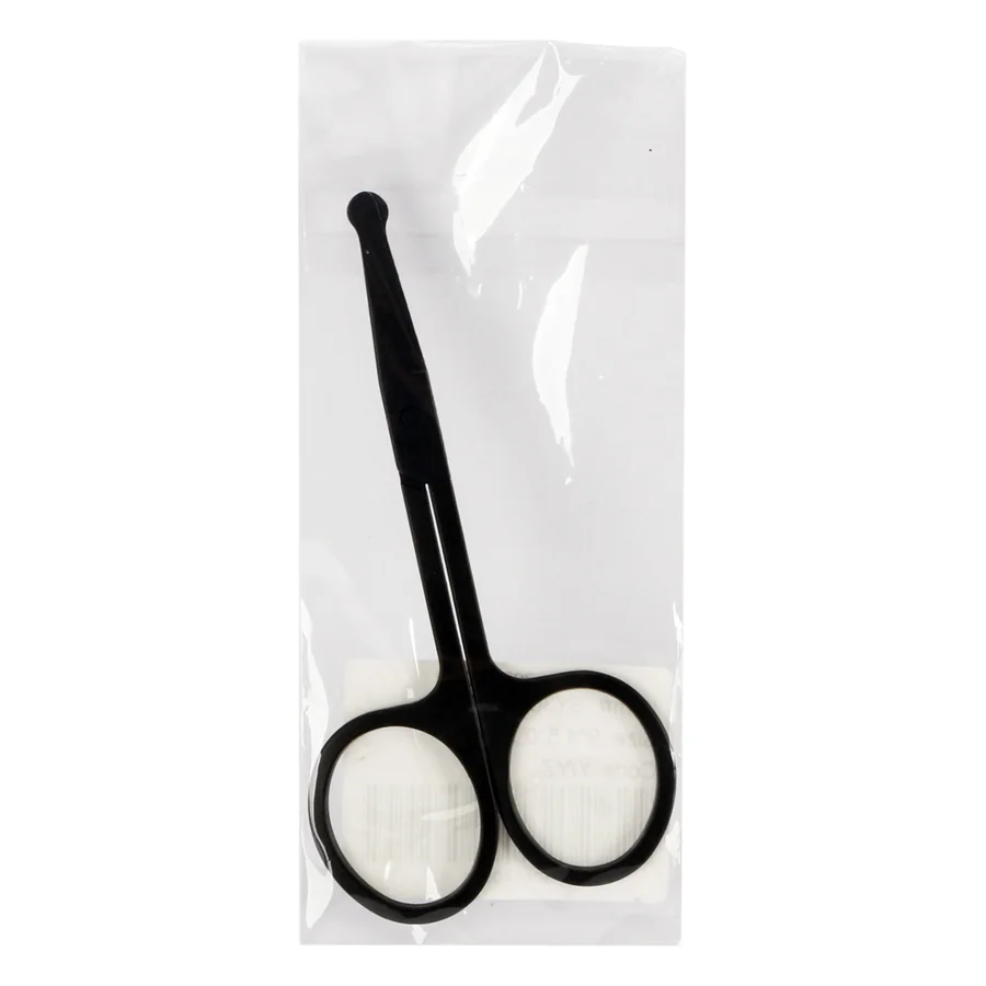 Black-handled scissors in clear plastic packaging.