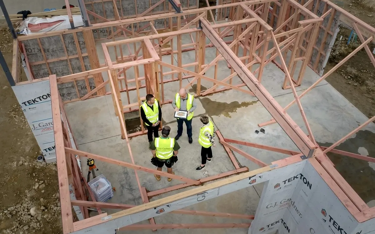 G.J. Gardner Homes NZ construction site framing - aerial view