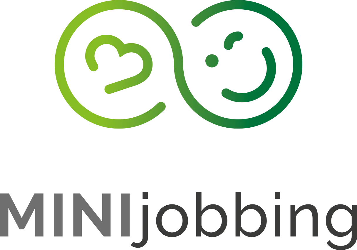 MINIjobbing logo with a green gradient infinity symbol above the text; the left loop contains a stylized heart shape and the right loop contains a smiley face.