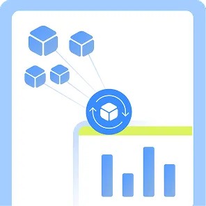 Graphic showing multiple blue cubes connecting to a central blue cube with circular arrows, above a bar chart on a light blue background.