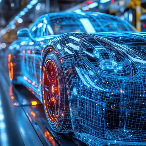Close-up of a futuristic sports car with digital wireframe overlay displayed in a modern showroom.