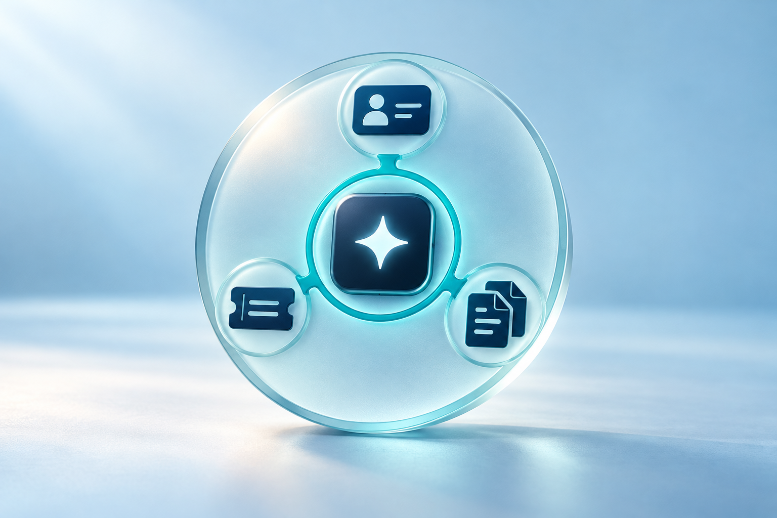 Central AI symbol linked through a shared interface to customer records, support tickets, and documents.