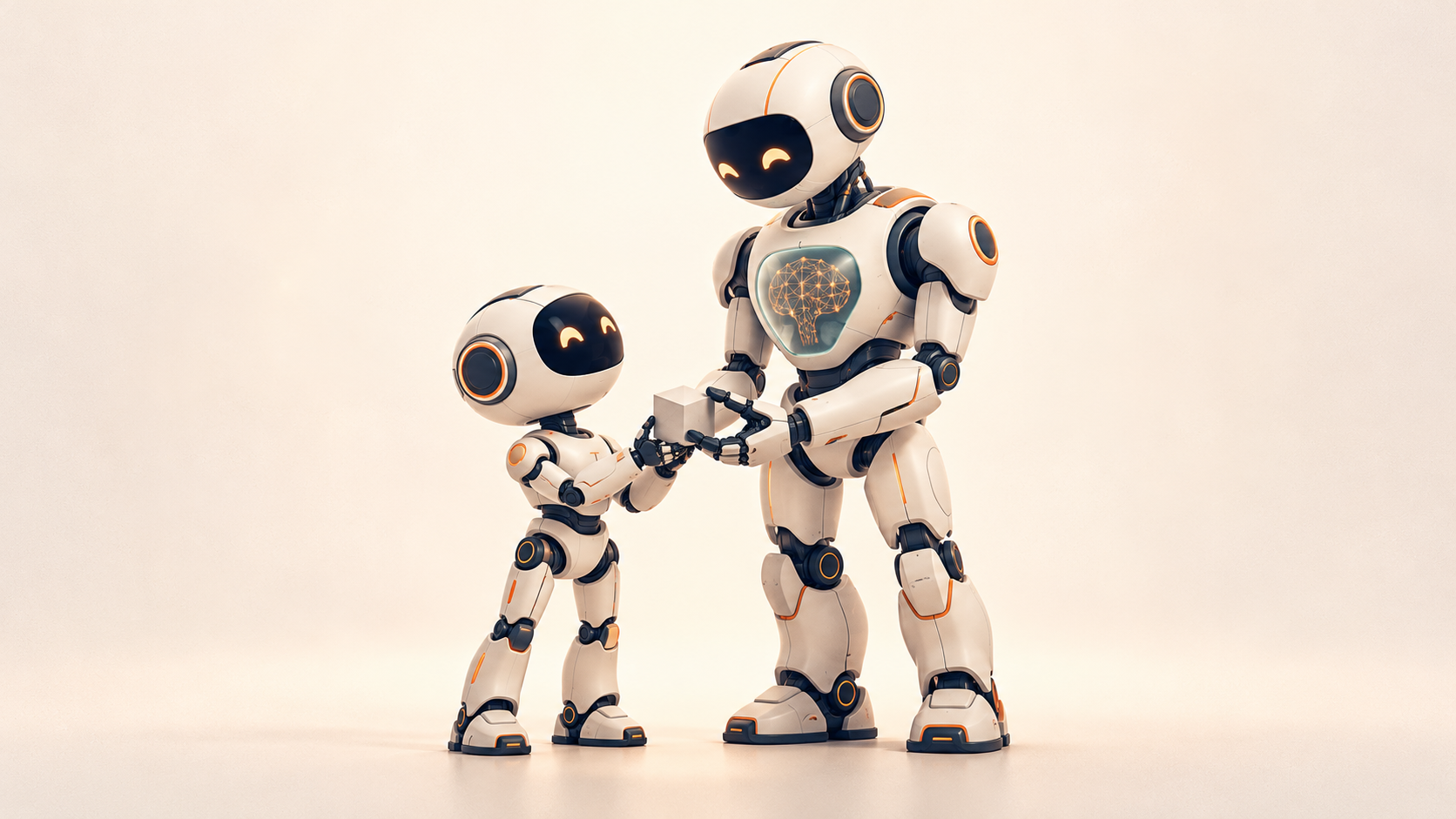 Small and large AI robots working together, representing complementary SLM and LLM capabilities.