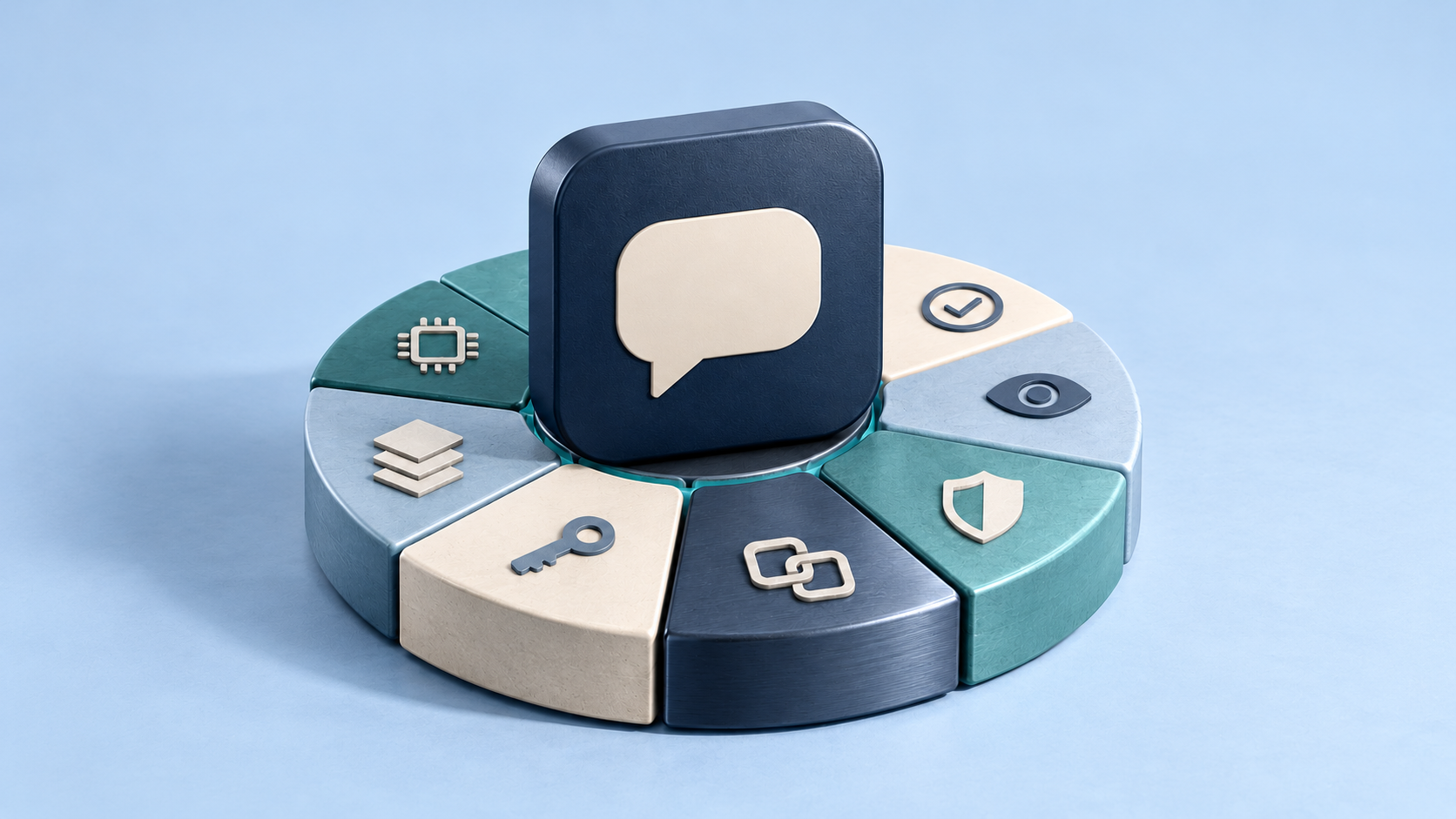 Central agent symbol supported by interconnected modules representing its operating capabilities.