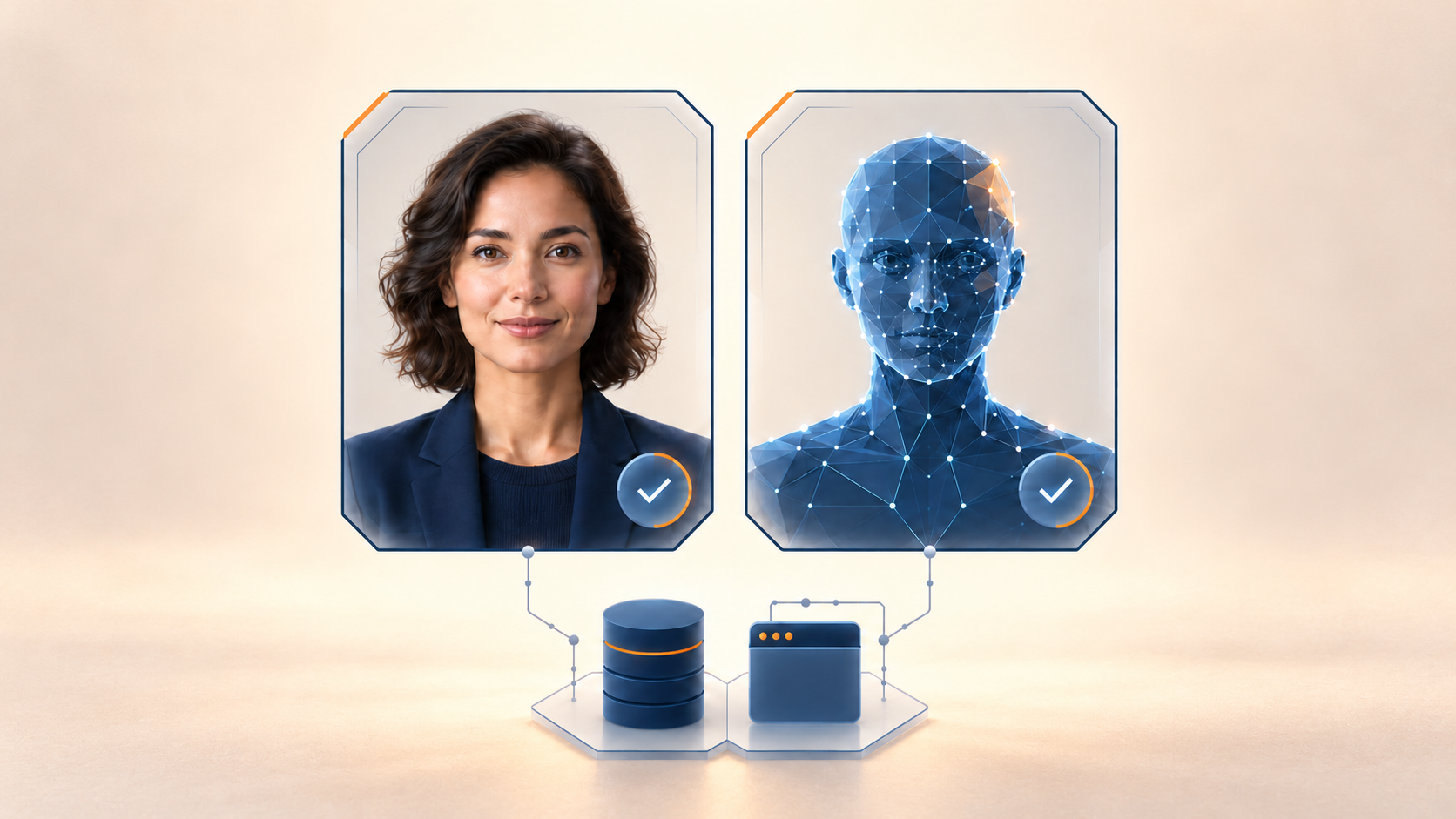 Human and digital AI agent shown as distinct verified identities connected to business systems on a warm cream background.