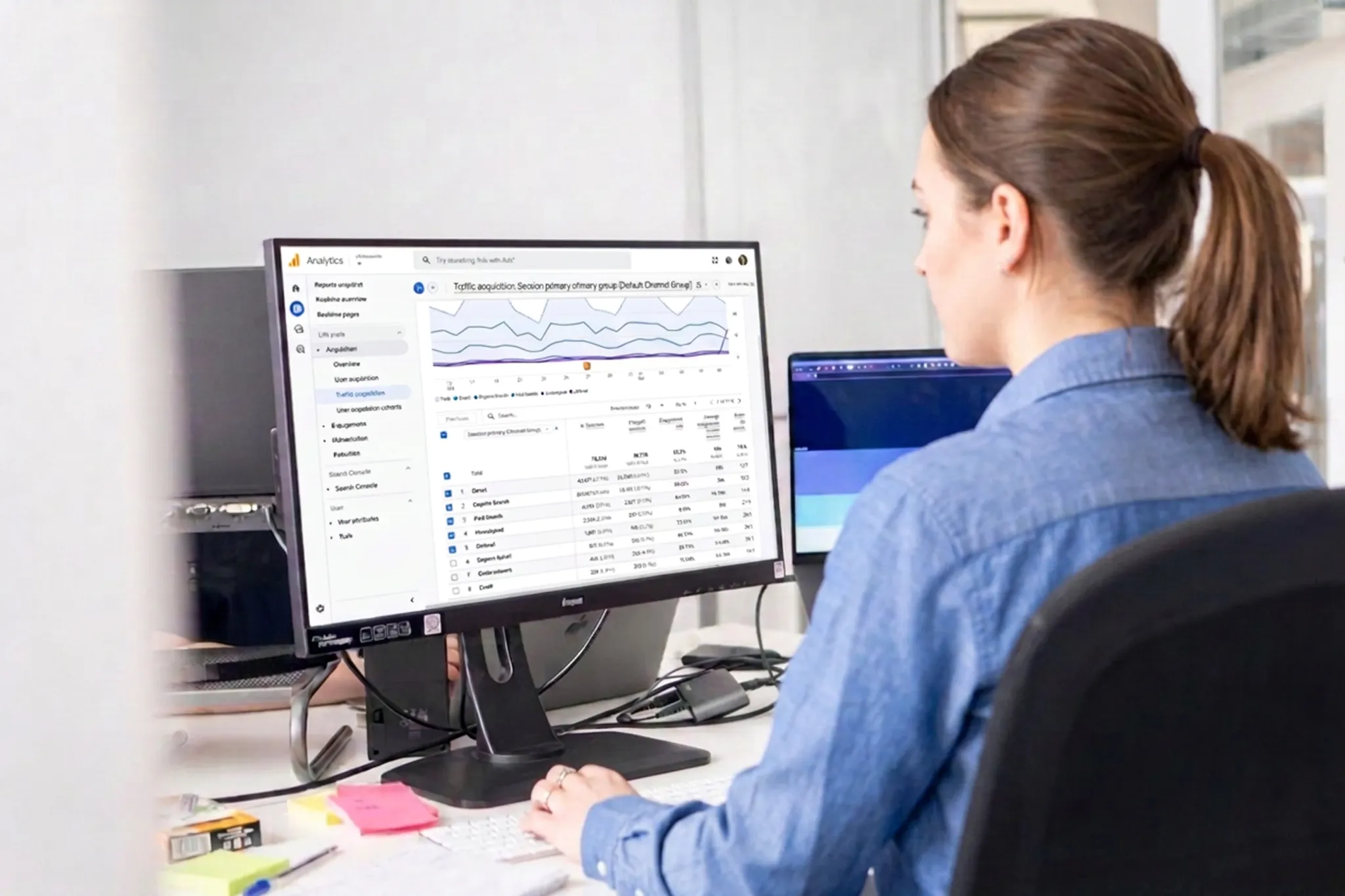 Une femme travaillant à un bureau avec deux écrans affichant des analyses de données et du code.