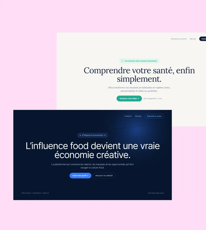 Deux sections web en français : comprendre sa santé simplement et influence food comme économie créative.