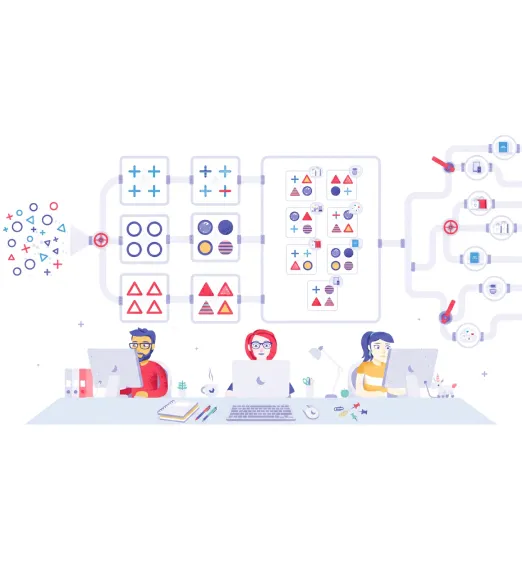 Three people working on laptops with flowcharts of shapes and data connections above them.