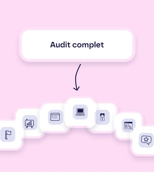 Illustration avec des icônes liées à l'audit et un panneau indiquant Audit complet avec une flèche.