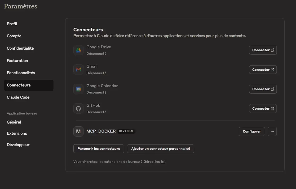 Configuration des connecteurs Claude Desktop