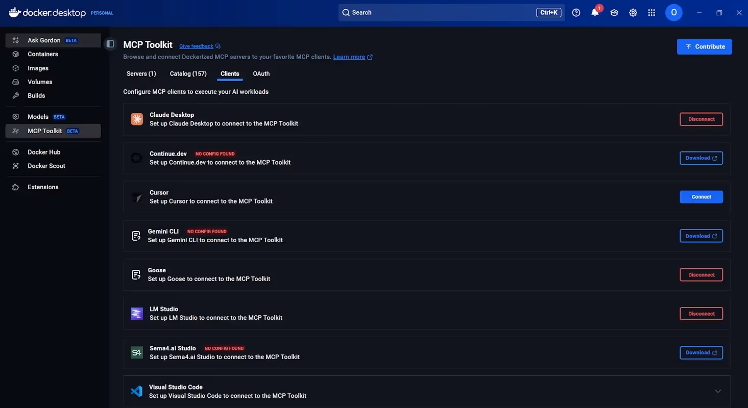 liste des clients éligibles au service MCP Toolkit de Docker Desktop