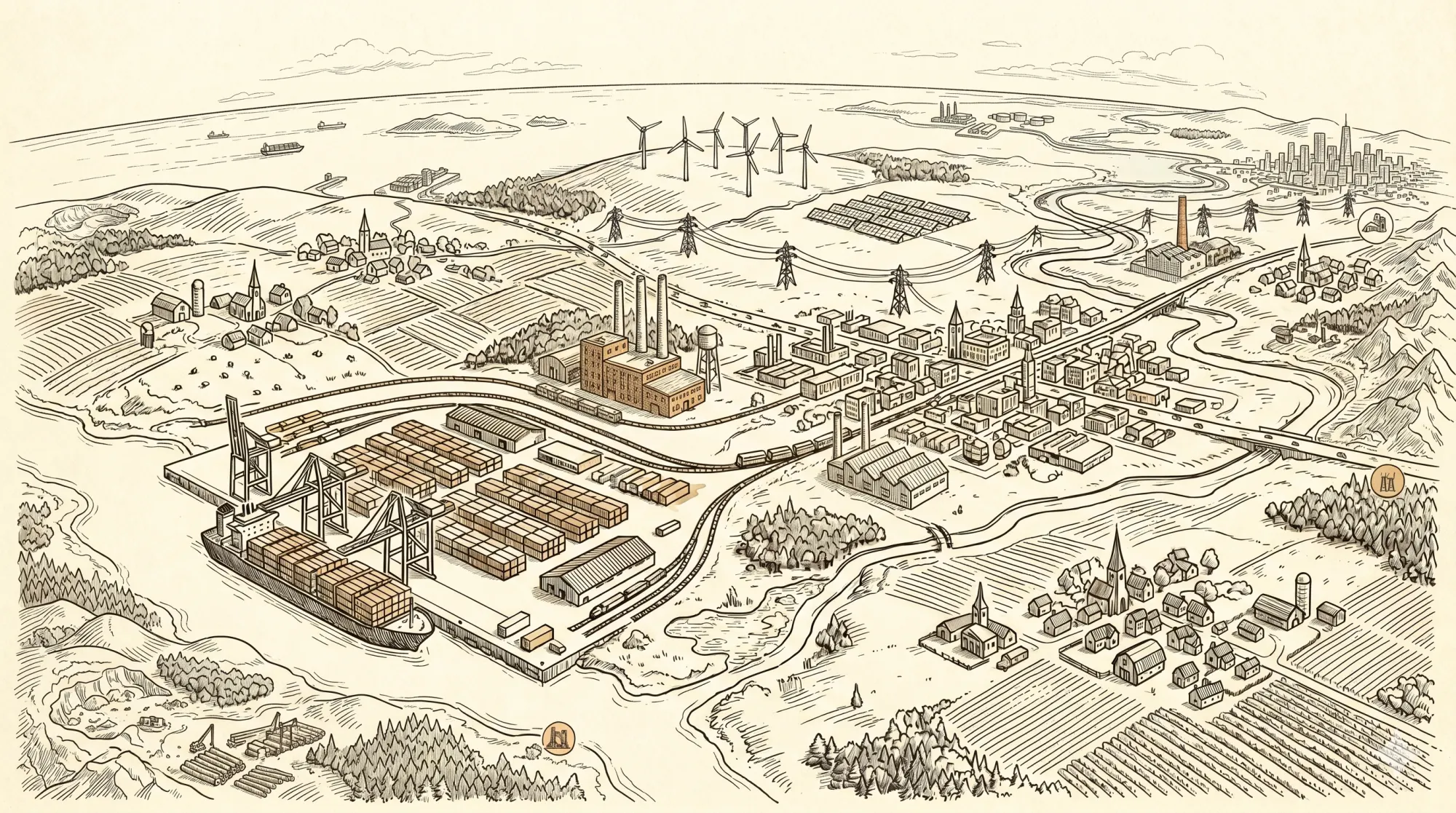 Stylized illustration of a coastal region's physical economy showing port, industrial district, city, wind farm, transmission lines, and agriculture