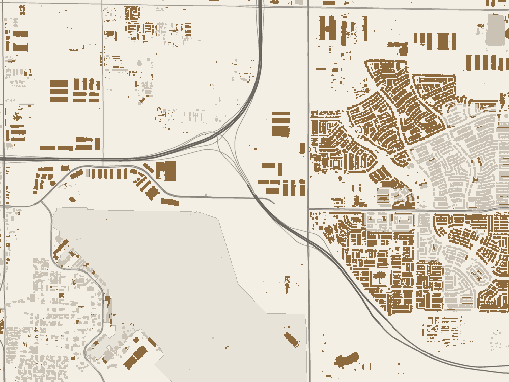 Map of 8 by 6 km around Mesa Gateway Airport in Mesa, Arizona, in 2024. Development built before 2017 is gray; 553 hectares of new development Pulse detected since 2017 are ochre: new neighborhoods to the northeast and large new buildings along the freeways.