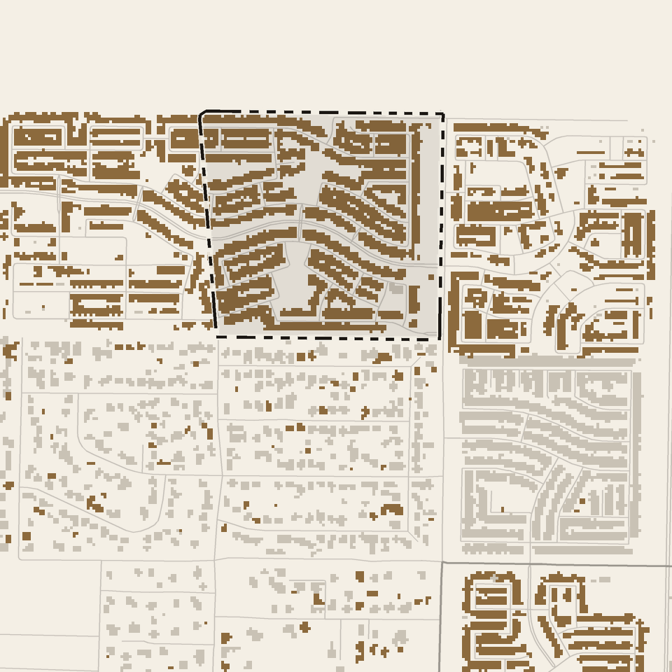 A 2.4 by 2.4 km map of northern Buckeye, Arizona, with its streets. A dashed outline marks a 2020 Census block that recorded no residents and no homes. Pulse detected new development across much of the block by 2024, shown in ochre, beside older neighborhoods in gray.