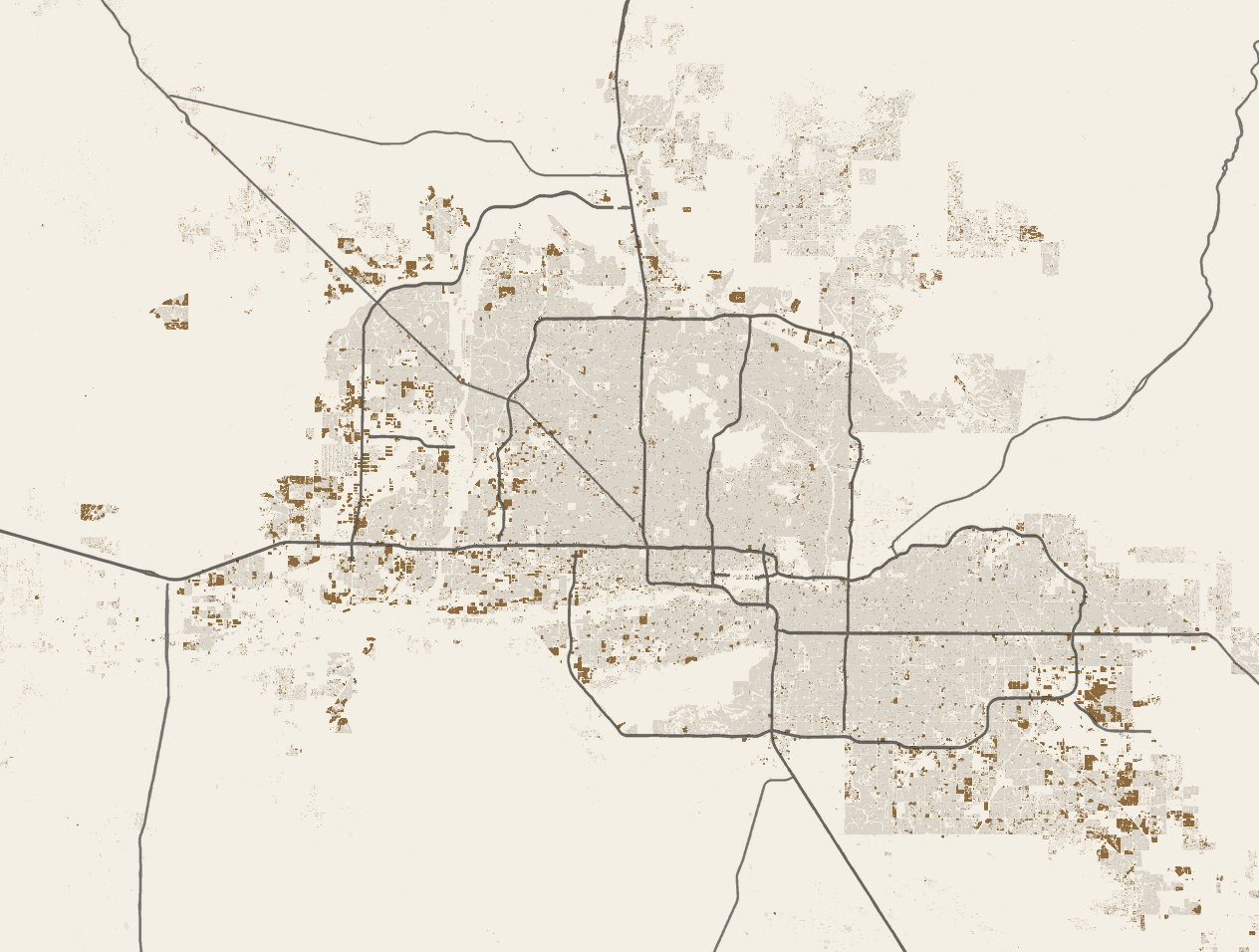 The Phoenix metro, 126 by 96 km, with its freeways. Development built before 2017 is light gray; new development Pulse detected from 2018 to 2024 is ochre, concentrated on the edges of the metro. Six numbered areas mark where it concentrated.
