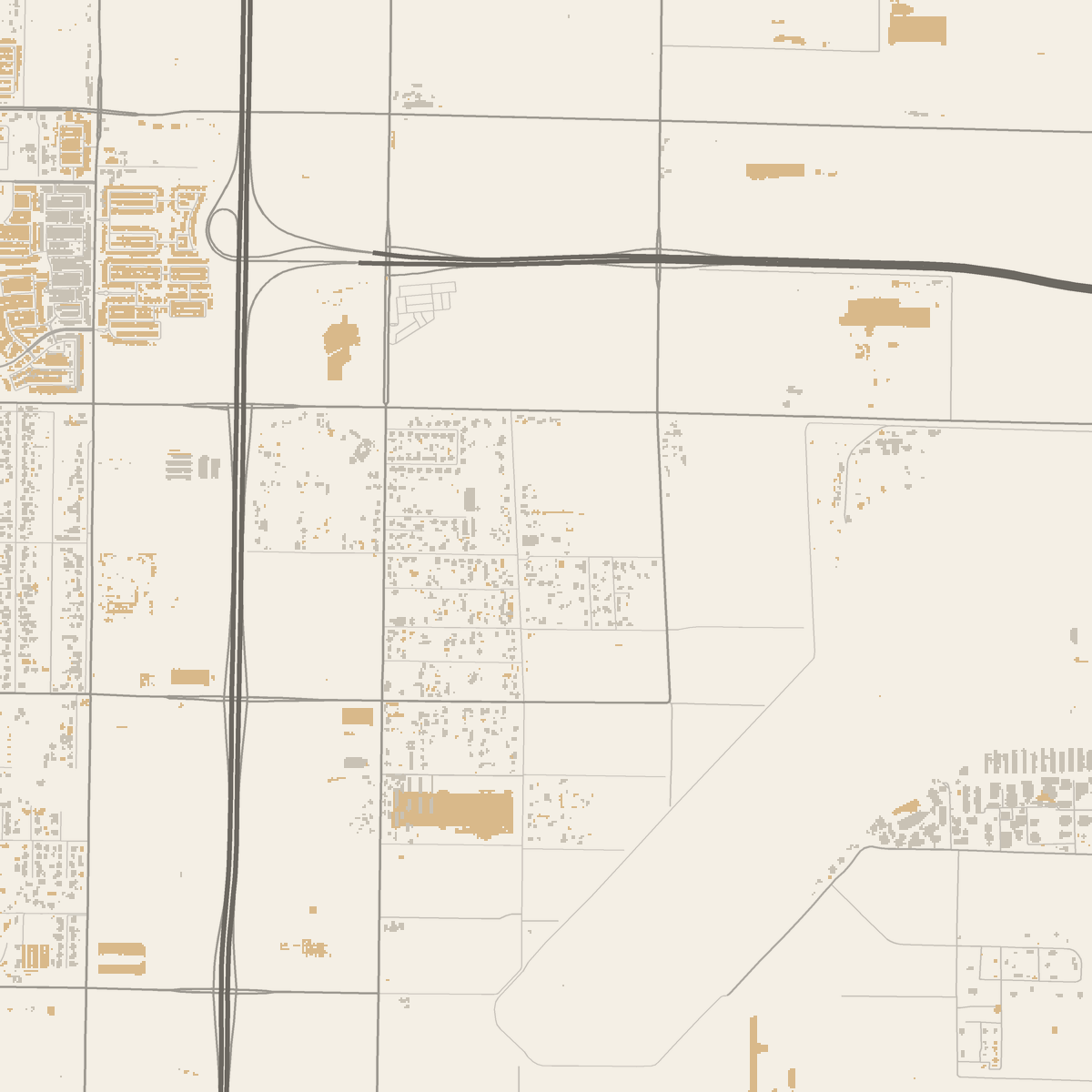 A 6 by 6 km map of the industrial corridor along Loop 303 and Northern Parkway, west of Phoenix. Twenty-nine large new buildings, warehouse-scale, stand out in dark ochre; other new development is light ochre, and buildings from before 2017 are gray.