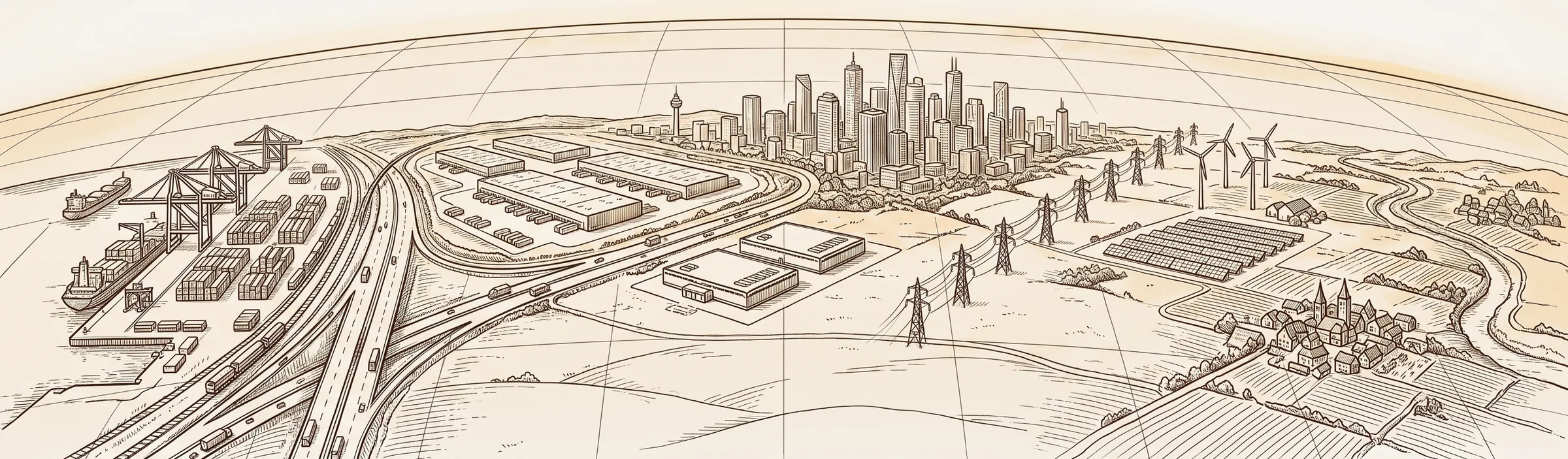 Engraved illustration of the Earth’s curved horizon, with a port, highways and rail, large warehouses, a city skyline, power lines, wind turbines, a solar farm, villages, and farmland across it.