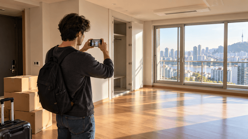 AI-generated illustration of a renter photographing an empty apartment's condition.