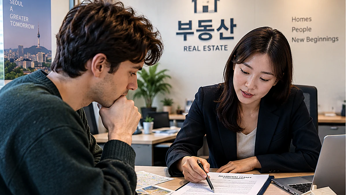 AI-generated image of a renter reviewing a lease with a Korean real estate agent.