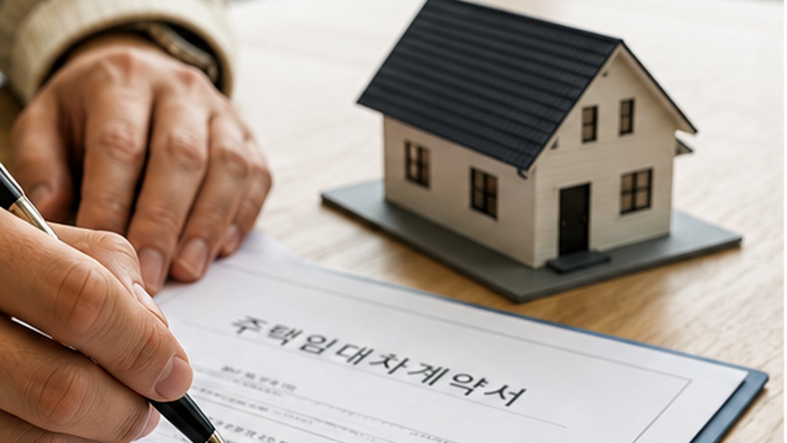 Renter reviewing Korean apartment paperwork beside a model house before paying a deposit. (AI Generated Image)