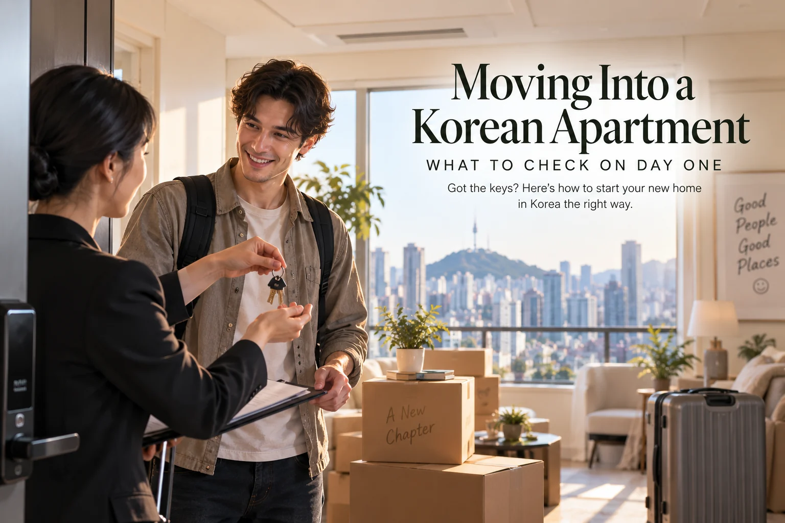 AI-generated image of a renter receiving apartment keys beside moving boxes.